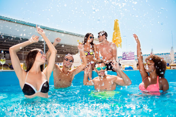 Canvas Print - Cool lifestyle rich tourism travel event trip journey entertainment delight bonding concept. Crazy careless excited joyful sporty sexy with toothy smile friends move in pool. Love couple background