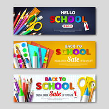 Back To School Sale Horizontal Banners With 3d Realistic School Supplies And Paper Cut Style Letters. Poster For Seasonal Discount. Vector Illustration.