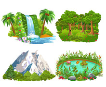 Set Of Four Natural Icons Like Island, Forest, Mountains And Pond