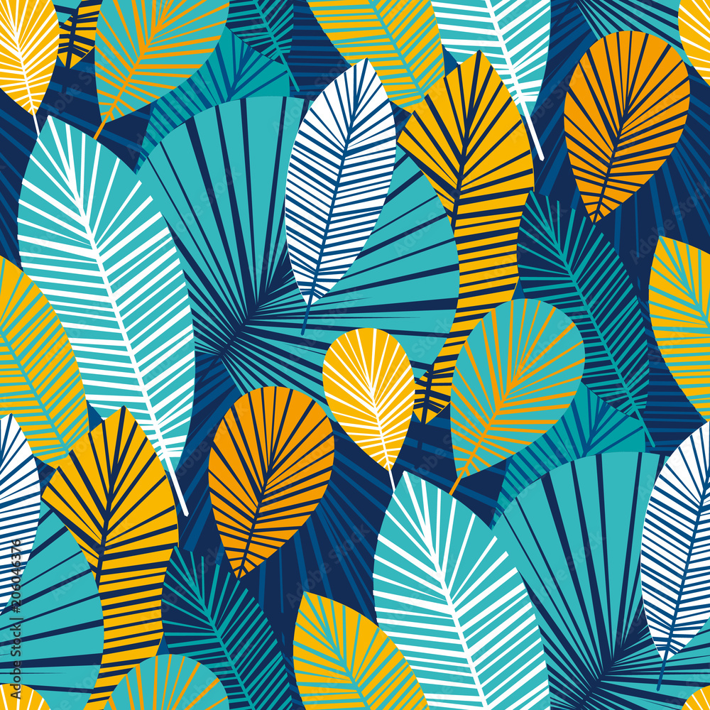 Vibrant cool leaves seamless pattern - obrazy, fototapety, plakaty 