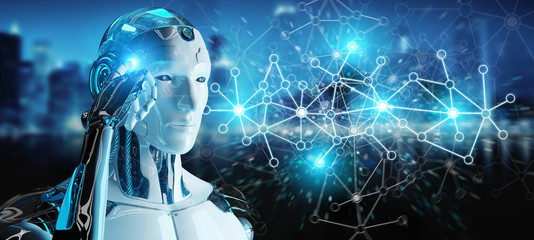 Poster - White man cyborg using digital network connection 3D rendering
