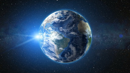 sunrise view from space on planet earth. south america zone. world in black universe in stars. high 