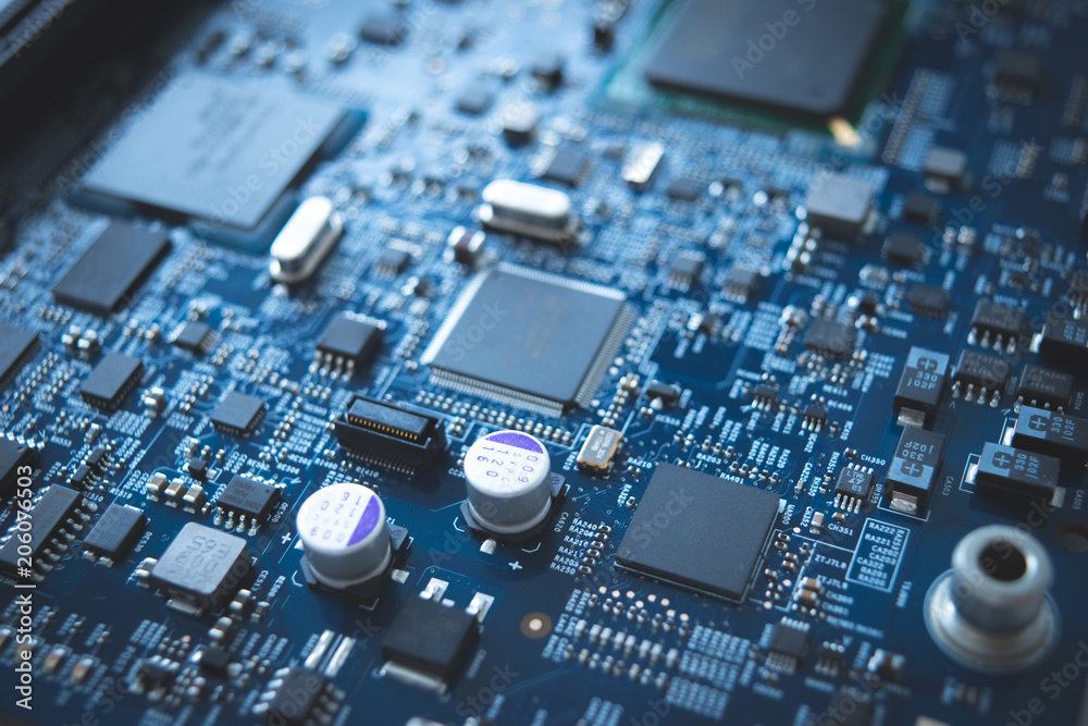Computer board chip circuit cpu core blue technology background or ...