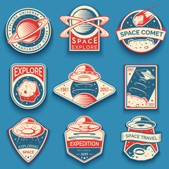 colorful space, ufo and planet labels, logos, badges, emblems. explore mission in space