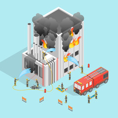 Poster - Firefighter and Building on Fire Concept 3d Isometric View. Vector