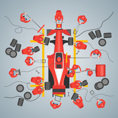 Wall Mural - Cartoon Maintenance Racing Car Card Poster. Vector