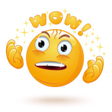 Cute Enraptured Emotions Emoji. Emoticon Face Surprised. Emoji Excited With Admiring Look And Googly Eyes Saying Wow. Emotion Raises His Hands In Admiration. Vector Illustration