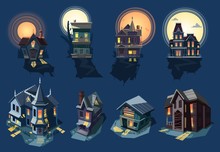 Spooky House Vector Haunted Castle With Dark Scary Horror Nightmare On Halloween Moonlight Mystery Illustration Nightly Set Of Creepy Building Isolated On Background