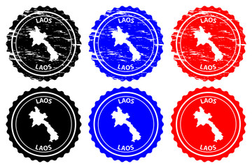 Laos - rubber stamp - vector, Lao People's Democratic Republic  (Muang Lao) map pattern - sticker - black, blue and red