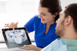 © Syda Productions - medicine, dentistry and healthcare concept - female dentist with tablet pc computer showing teeth x-ray to male patient at dental clinic office