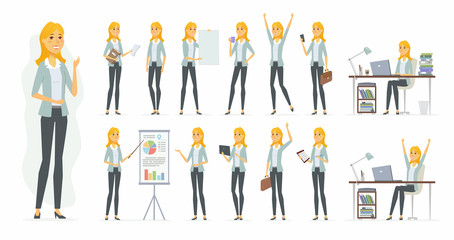 Sticker - Pretty businesswoman - vector cartoon people character set