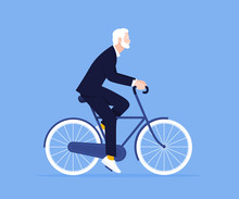 The Old Man Is Riding A Bicycle. Businessman. Trip To The Office. Healthy Lifestyle. Vector Flat Illustration