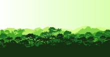 Vector Illustration Of Horizontal Panorama Tropical Rainforest In Silhouette Style With Trees And Mountains, Jungle Concept.