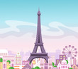 Vector illustration of beautiful skyline city view with buildings and trees in pastel colors. Symbol of Paris in flat cute style with city and Eiffel tower, France.