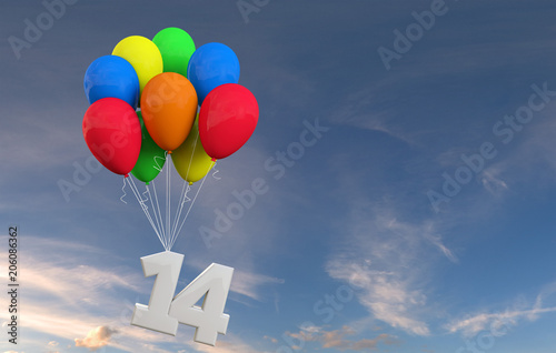 Number 14 party celebration. Number attached to a bunch of balloons. 3D