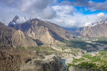 Aeriall view Hunza Valley under blue cloudy sky,Gilgit, Balistan,Pakistan