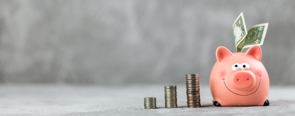 Piggy bank on grey background