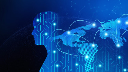 Poster - Circuit board in man shape with world map. High-tech technology background. 3d illustration