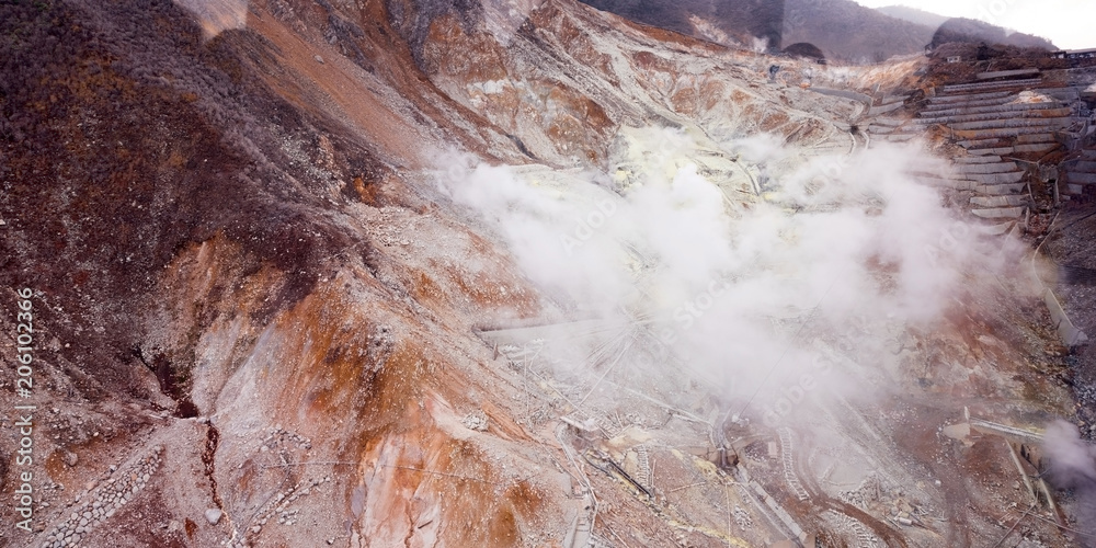 Owakudani is geothermal valley with active sulfur vents and hot springs ...