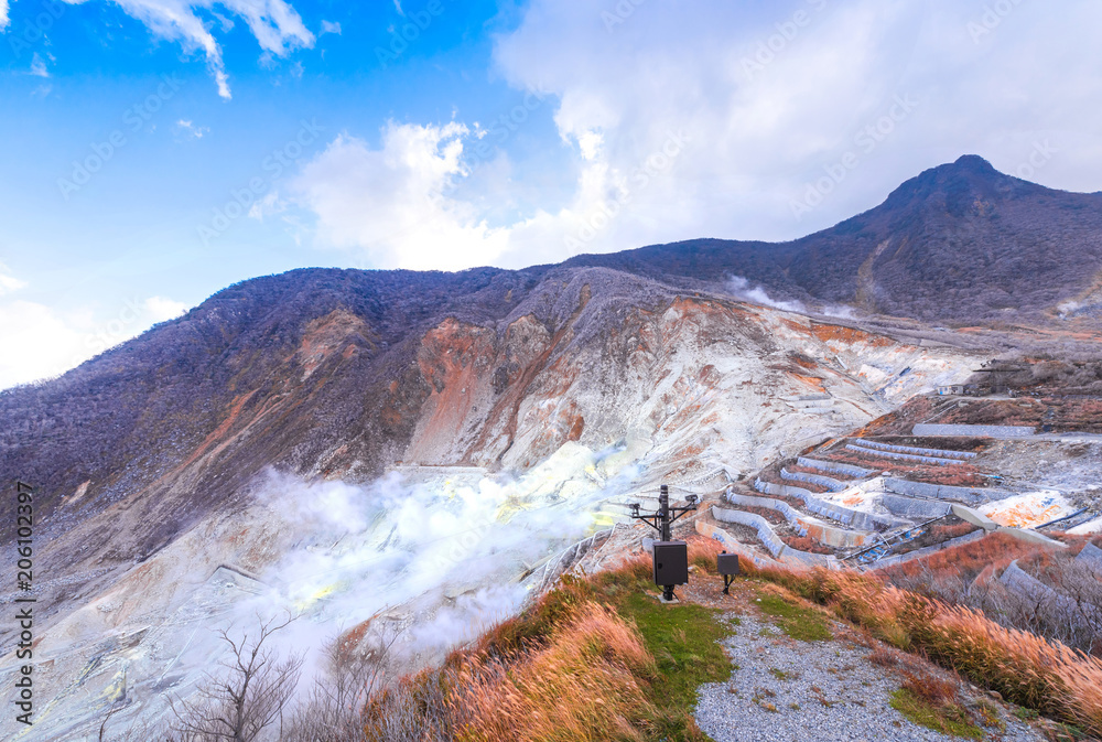Owakudani is geothermal valley with active sulfur vents and hot springs ...
