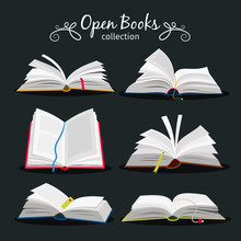 Open Books. New Open Book Set With Bookmark Between Pages For Encyclopedia And Notebook, Dictionary And Textbook Icons