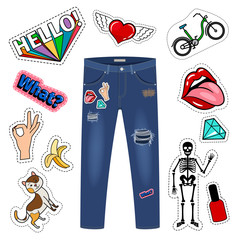 patch on blue jeans. fashion girl denim apparel vector patch set on white