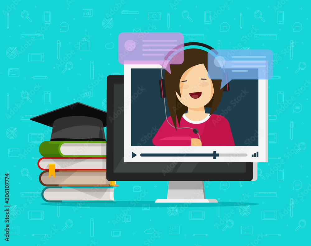 Webinar vector illustration, flat cartoon computer watching video ...