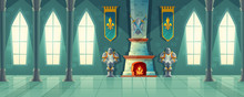 Vector Castle Hall, Interior Of Royal Ballroom With Fireplace, Knight Armor, Flags For Dancing. Big Room With Columns, Pillars In Luxury Medieval Palace. Fantasy, Fairy Tale Or Game Background