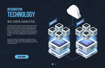 Wall Mural - Concept of big data processing, Isometric data center, vector information processing and storage. Creative illustration with abstract geometric elements.