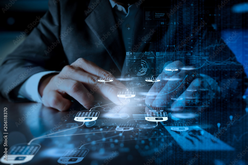 Businessman hand using mobile phone with digital layer effect as business strategy concept