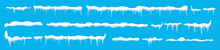 Creative Vector Illustration Of Ice Icicle, Caps, Snowflakes Set Isolated On Background. Winter Snow Clouds Template Art Design. Snowy Frame Decoration. Graphic Element. New Year. Merry Cristmas