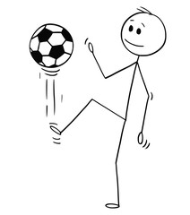 Wall Mural - Cartoon stick man drawing conceptual illustration of football or soccer player juggling or kicking the ball for training.