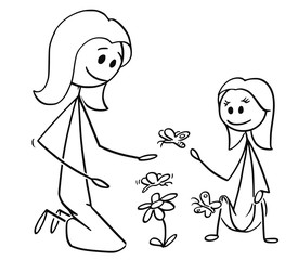 Poster - Cartoon stick man drawing conceptual illustration of mother and daughter watching flowers and butterflies or nature together. Concept of parenting.