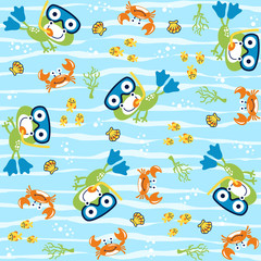 Wall Mural - vector cartoon seamless pattern with cute animals. Swamp life with frog, crab, fishes, shellfish.