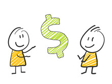 2 Stick Man Standing And Thinking Expression Illustration Yellow Dollar