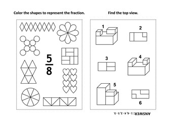 Two visual math puzzles and coloring pages. Color the shapes to represent the fraction. Find the top view. Black and white. Answers included.
