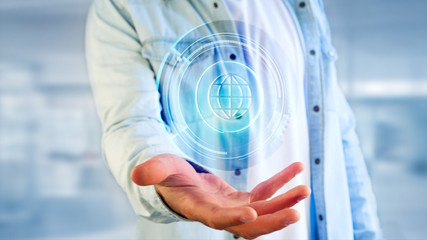 Poster - Businessman holding a Shinny technologic globe button - 3d render