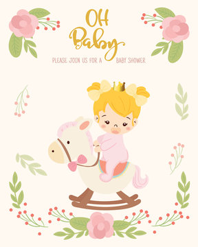 cute baby boy play rocking horse  design  element, baby shower greeting  card vector illustration.