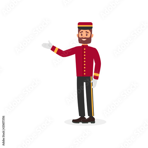 Fotomural Young bearded guy in bellboy uniform