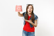 © ViDi Studio - Portrait of young shocked pretty woman in 3d glasses and casual clothes watching movie film, holding and pointing hand to empty bucket for popcorn isolated on white background. Emotions in cinema.