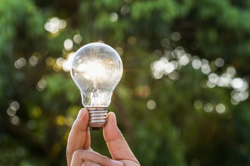 Wall Mural - hand holdging light bulb with solar energy. power eco concept