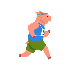 Canvas Print - Pig in sport uniform running, funny sportive wild animal character doing sports vector Illustration on a white background