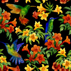 Wall Mural - Humming birds in tropic garden