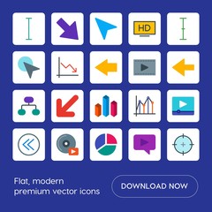 Poster - Modern Simple Set of arrows, charts, video, cursors Vector flat Icons. Contains such Icons as  down,  direction,  play, target,  mobile, hd and more on blue background. Fully Editable. Pixel Perfect