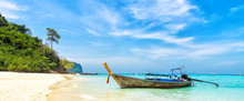 Amazing View Of Beautiful Beach With Traditional Thailand Longtale Boat. Location: Bamboo Island, Krabi Province, Thailand, Andaman Sea. Artistic Picture. Beauty World.