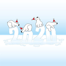 Four Santa Polar Bears Balancing On Melting Year 2020 In Ice Puddle