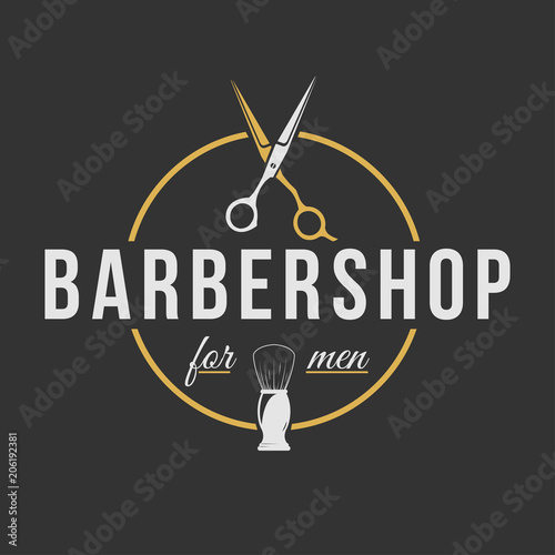 Barbershop logo. Vintage set barber logo with razor, shaver, scissors ...