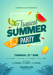 Wall Mural - tropical summer party, poster, banner or flyer design with tropical leaves and seasonal fruit slices