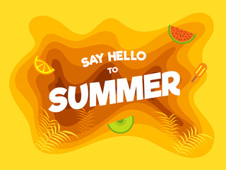 Wall Mural - say hello to summer, poster, banner or flyer design with paper-layered, leaves, and fruits on yellow