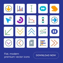 Poster - Modern Simple Set of arrows, charts, video, cursors Vector flat Icons. Contains such Icons as  data,  percentage,  circle,  arrow,  chart and more on blue background. Fully Editable. Pixel Perfect